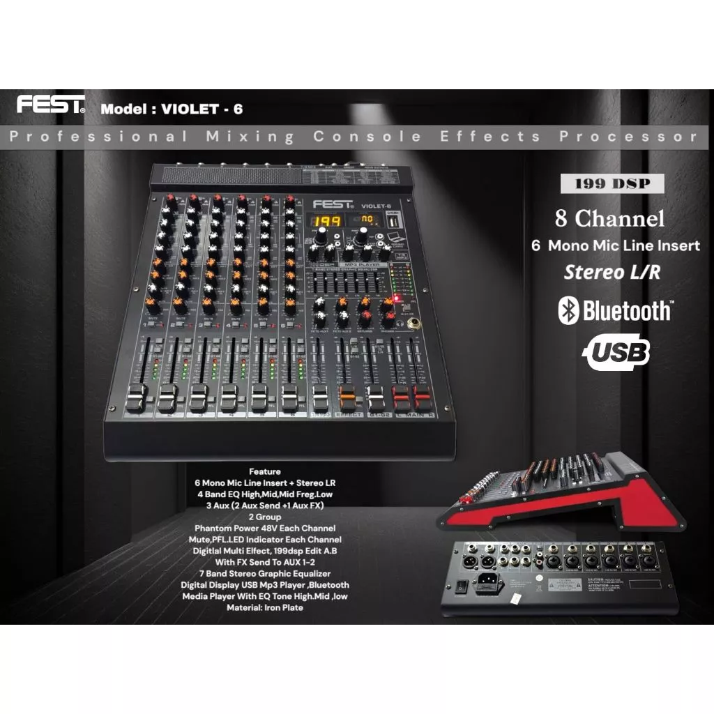 FEST VIOLET-6 Mixer Audio Analog 6 Channel (Bluetooth, USB, MP3 Player, Efek, EQ, Phantom)