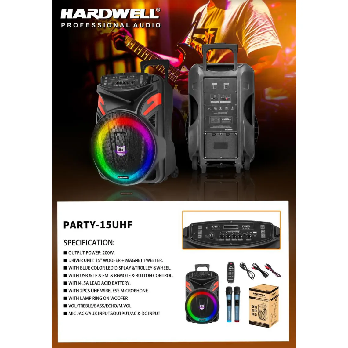Hardwell Party 15 UHF Speaker Meeting Portable Wireless 15 Inch 2 Way 200 Watt