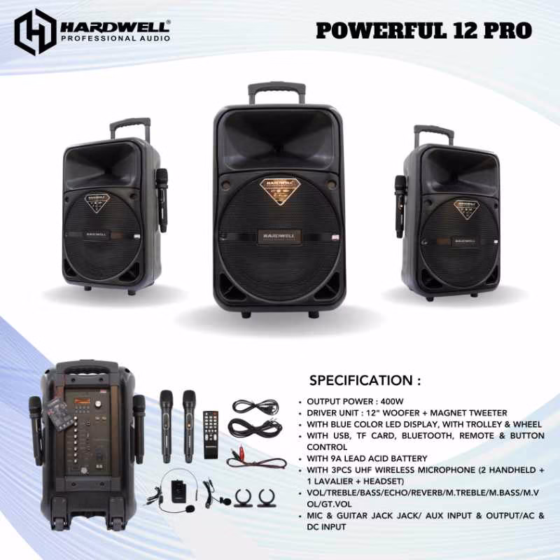 Hardwell Powerfull 12 Pro Speaker Meeting Portable Wireless 12 Inch 2 Way 400 Watt