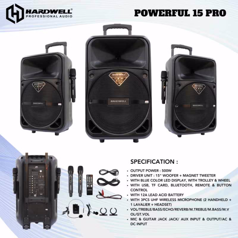 Hardwell Powerfull 15 Pro Speaker Meeting Portable Wireless 15 Inch 2 Way 500 Watt