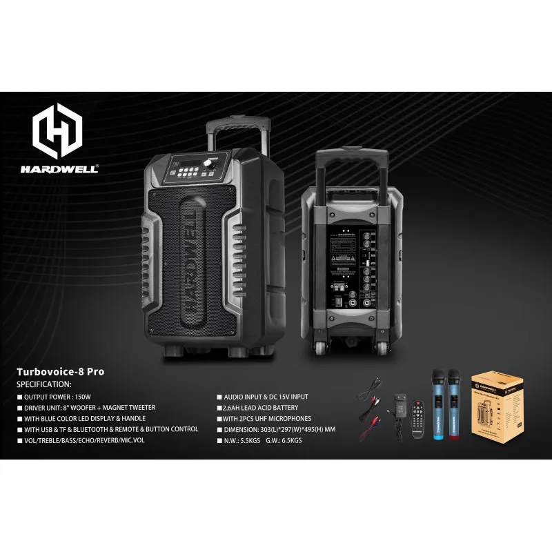Hardwell Turbovoice 8 Pro Speaker Meeting Portable Wireless 8 Inch 2 Way 150 Watt