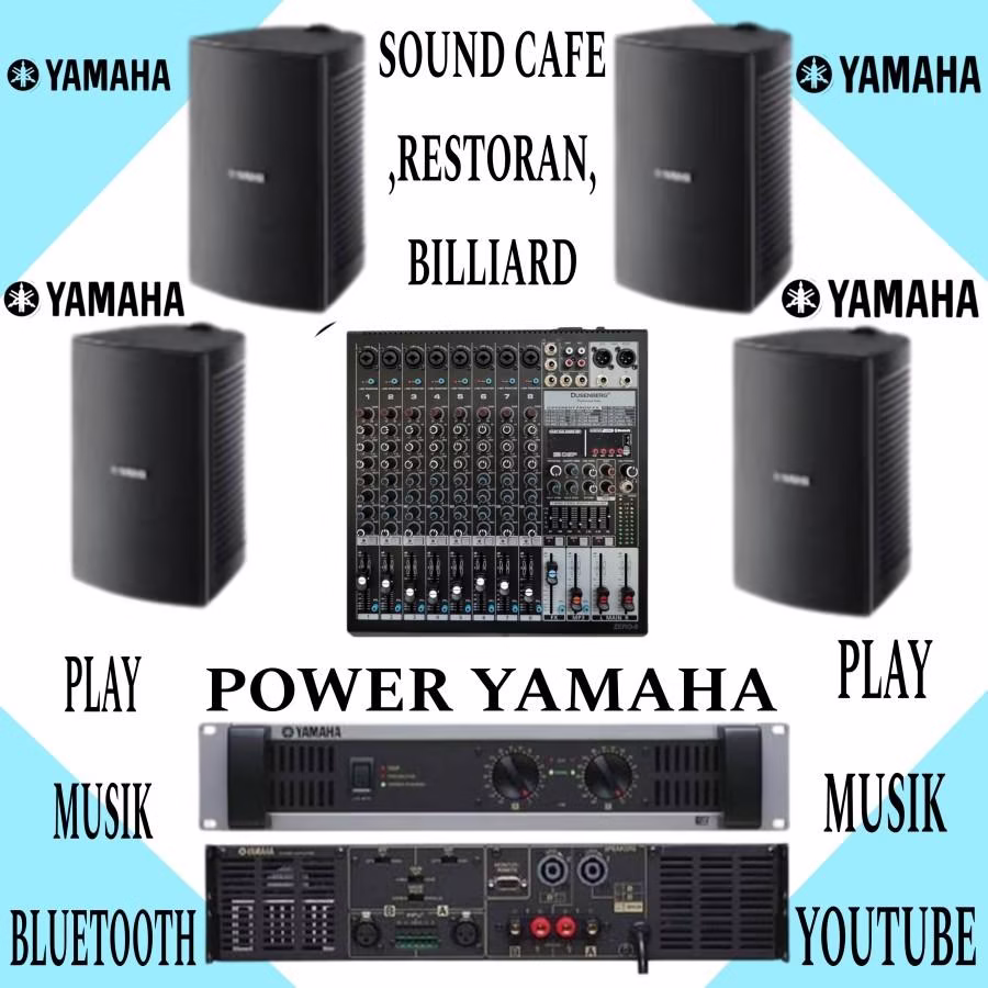 PAKET POWER YAMAHA SPEAKER YAMAHA VS 4, MIXER BLUETOOTH SPEAKER GANTUNG 4 TITIK, DI CAFE BILLIARD KANTORAN..!!!