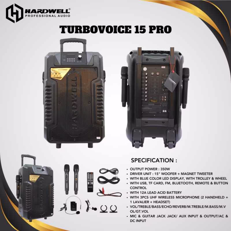 Hardwell Turbovoice 15 Pro Speaker Meeting Portable Wireless 15 Inch 2 Way 350 Watt